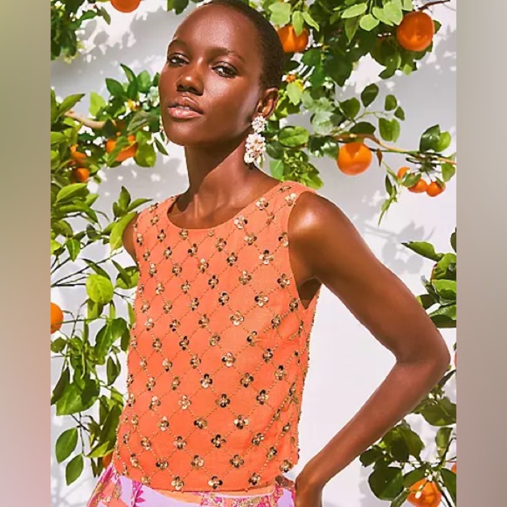 Lilly Pulitzer Lathan Sleeveless Beaded Cropped Top Papaya Beaded Sequin size 12